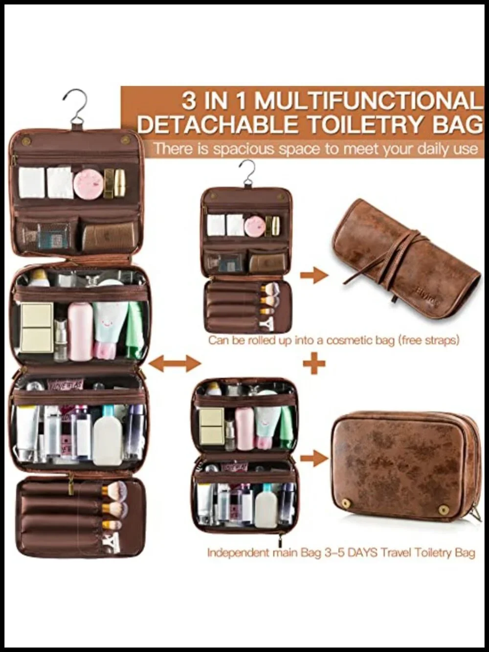 Elviros Hanging Toiletry Bag with Removable Compartments, PU Leather, Dark Brown
